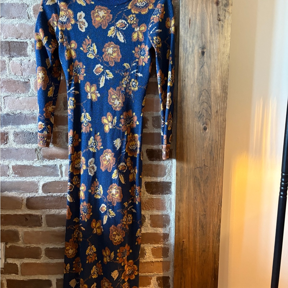 Floral Long Sleeve Knit Maxi Dress - Navy & Mustard